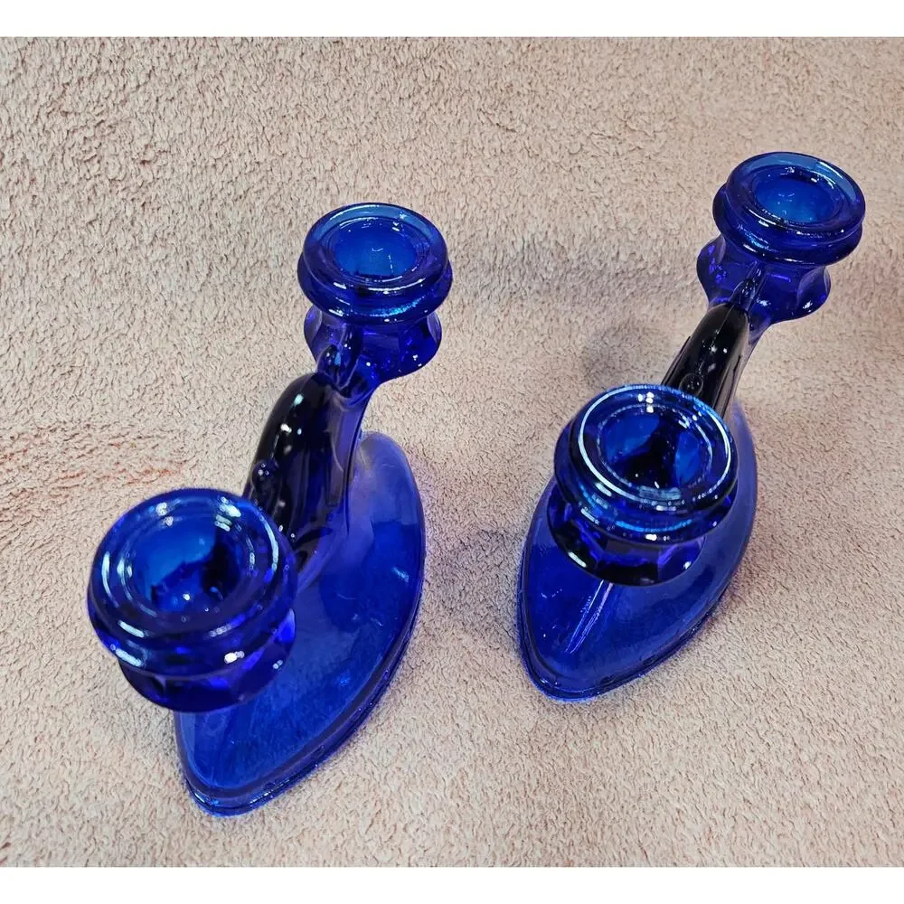 Vintage L.E. Smith Mount Pleasant Cobalt Blue Double Candlestick Holders Pair